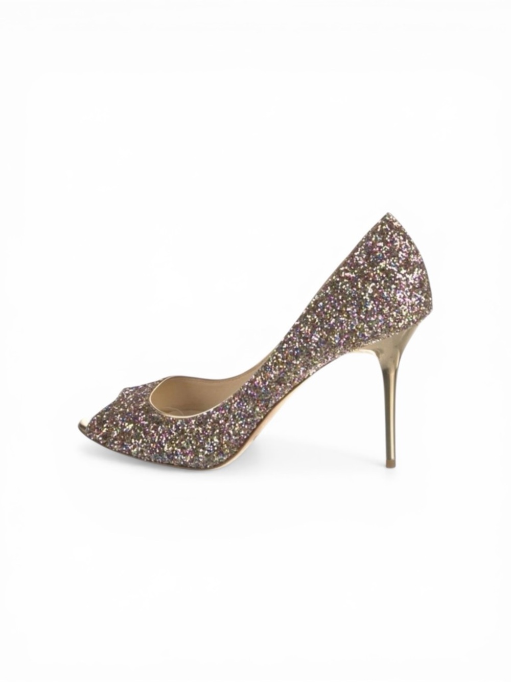 Jimmy Choo‎ Evelyn Multicolor Glitter Peep Toe Gold Heels Shoes Size 39 US 9
